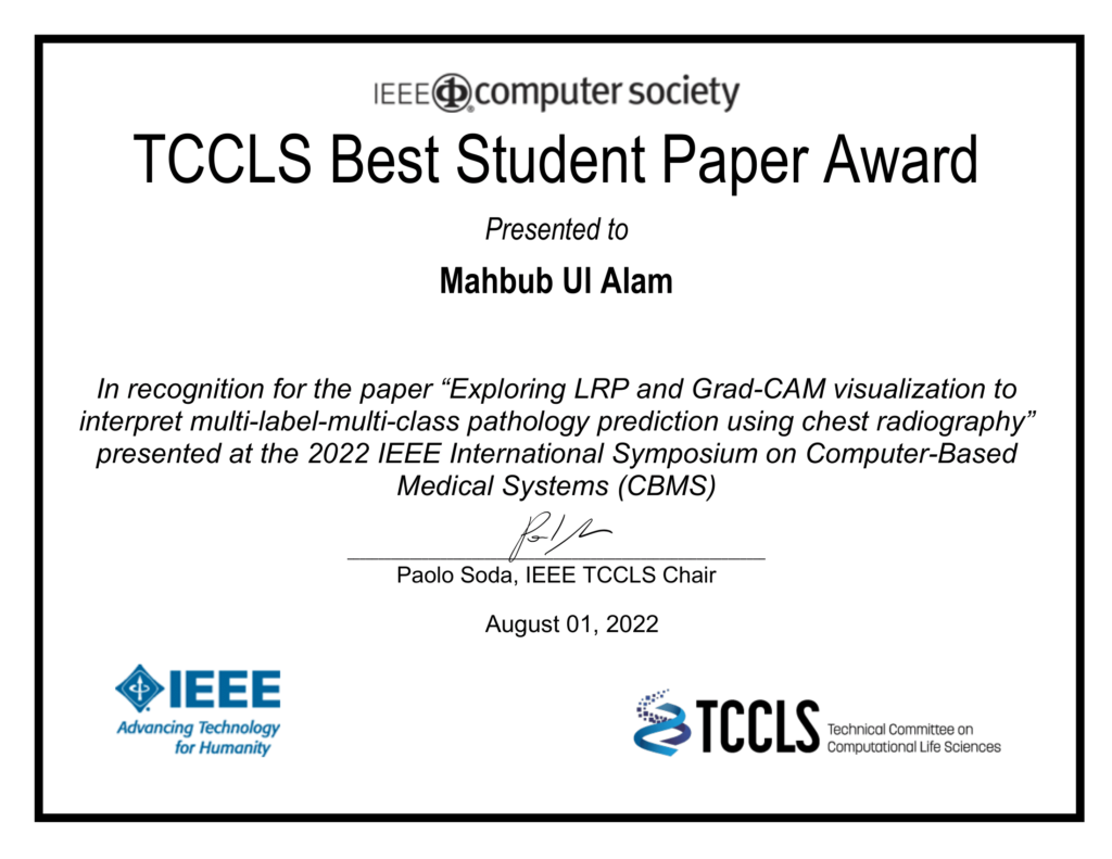 IEEE CBMS 2022 Best Student Paper Award Certificate
